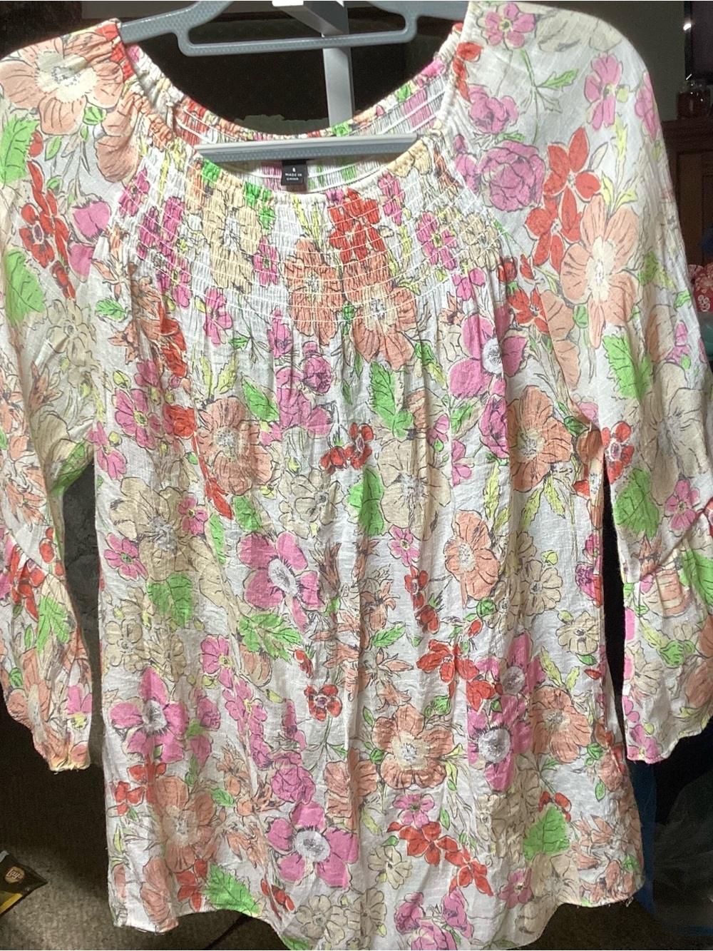 Zac & Rachel White Floral Smocked-Neck Peasant Blouse with Pink, Peach & Green